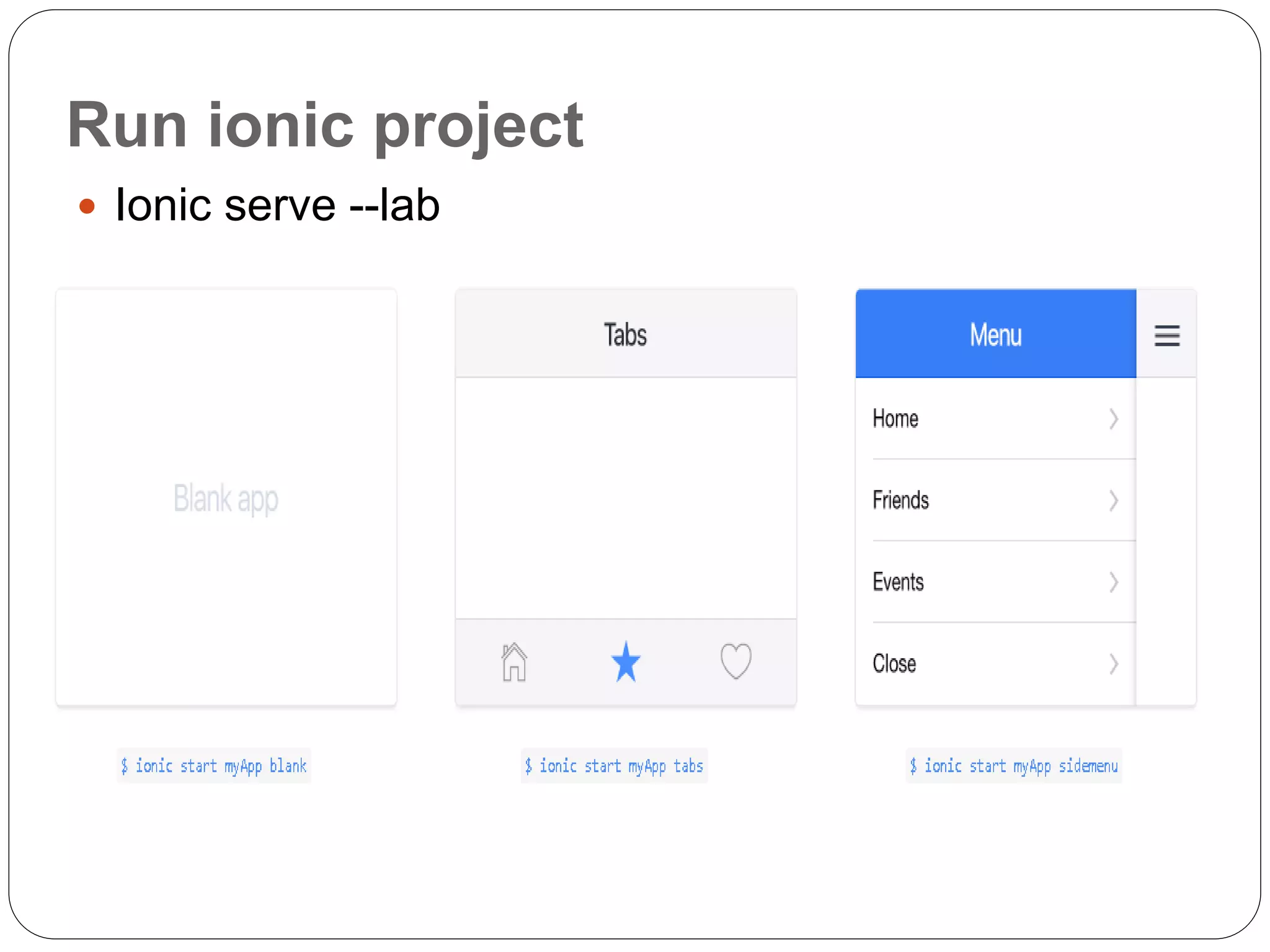 Run ionic project
 Ionic serve --lab
 