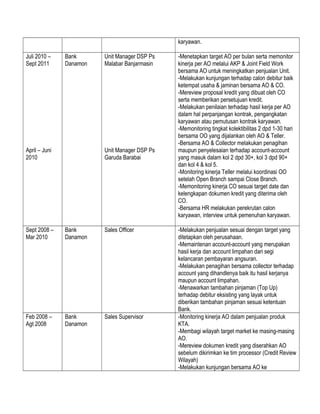 karyawan.
Juli 2010 –
Sept 2011
April – Juni
2010
Bank
Danamon
Unit Manager DSP Ps
Malabar Banjarmasin
Unit Manager DSP Ps
Garuda Barabai
-Menetapkan target AO per bulan serta memonitor
kinerja per AO melalui AKP & Joint Field Work
bersama AO untuk meningkatkan penjualan Unit.
-Melakukan kunjungan terhadap calon debitur baik
ketempat usaha & jaminan bersama AO & CO.
-Mereview proposal kredit yang dibuat oleh CO
serta memberikan persetujuan kredit.
-Melakukan penilaian terhadap hasil kerja per AO
dalam hal perpanjangan kontrak, pengangkatan
karyawan atau pemutusan kontrak karyawan.
-Memonitoring tingkat kolektibilitas 2 dpd 1-30 hari
bersama OO yang dijalankan oleh AO & Teller.
-Bersama AO & Collector melakukan penagihan
maupun penyelesaian terhadap account-account
yang masuk dalam kol 2 dpd 30+, kol 3 dpd 90+
dan kol 4 & kol 5.
-Monitoring kinerja Teller melalui koordinasi OO
setelah Open Branch sampai Close Branch.
-Memonitoring kinerja CO sesuai target date dan
kelengkapan dokumen kredit yang diterima oleh
CO.
-Bersama HR melakukan perekrutan calon
karyawan, interview untuk pemenuhan karyawan.
Sept 2008 –
Mar 2010
Bank
Danamon
Sales Officer -Melakukan penjualan sesuai dengan target yang
ditetapkan oleh perusahaan.
-Memaintenan account-account yang merupakan
hasil kerja dan account limpahan dari segi
kelancaran pembayaran angsuran.
-Melakukan penagihan bersama collector terhadap
account yang dihandlenya baik itu hasil kerjanya
maupun account limpahan.
-Menawarkan tambahan pinjaman (Top Up)
terhadap debitur eksisting yang layak untuk
diberikan tambahan pinjaman sesuai ketentuan
Bank.
Feb 2008 –
Agt 2008
Bank
Danamon
Sales Supervisor -Monitoring kinerja AO dalam penjualan produk
KTA.
-Membagi wilayah target market ke masing-masing
AO.
-Mereview dokumen kredit yang diserahkan AO
sebelum dikirimkan ke tim processor (Credit Review
Wilayah)
-Melakukan kunjungan bersama AO ke
 