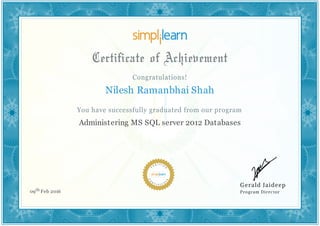 Nilesh Ramanbhai Shah
Administering MS SQL server 2012 Databases
09th Feb 2016
 
