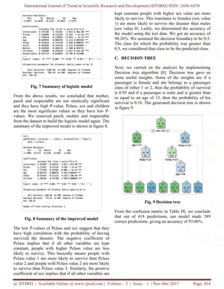 International Journal of Trend in Scientific Research and Development (IJTSRD) ISSN: 2456-6470
@ IJTSRD | Available Online @ www.ijtsrd.com | Volume – 2 | Issue – 1 | Nov-Dec 2017 Page: 414
Fig. 7 Summary of logistic model
From the above results, we concluded that mother,
parch and respectable are not stastically significant
and they have high P-value. Pclass, sex and children
are the most significant values as they have low P-
values. We removed parch, mother and respectable
from the dataset to build the logistic model again. The
summary of the improved model is shown in figure 8.
Fig. 8 Summary of the improved model
The low P-values of Pclass and sex suggest that they
have high correlation with the probability of having
survived the disaster. The negative coefficient of
Pclass implies that if all other variables are kept
constant, people with higher Pclass value are less
likely to survive. This basically means people with
Pclass value 1 are more likely to survive than Pclass
value 2 and people with Pclass value 2 are more likely
to survive than Pclass value 3. Similarly, the positive
coefficient of sex implies that if all other variables are
kept constant people with higher sex value are more
likely to survive. This translates to females (sex value
1) are more likely to survive the disaster than males
(sex value 0). Lastly, we determined the accuracy of
the model using the test data. We got an accuracy of
94.26%. We assumed the decision boundary to be 0.5.
The class for which the probability was greater than
0.5, we considered that class to be the predicted class.
C. DECISION TREE
Next, we carried on the analysis by implementing
Decision tree algorithm [8]. Decision tree gave us
some useful insights. Some of the insights are if a
passenger is female and she belongs to a passenger
class of either 1 or 2, then the probability of survival
is 0.95 and if a passenger is male and is greater than
or equal to an age of 13, then the probability of his
survival is 0.16. The generated decision tree is shown
in figure 9.
Fig. 9 Decision tree
From the confusion matrix in Table IX, we conclude
that out of 418 predictions, our model made 389
correct predictions, giving an accuracy of 93.06%.
 