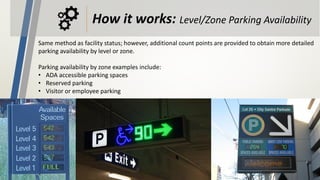 Same method as facility status; however, additional count points are provided to obtain more detailed
parking availability by level or zone.
Parking availability by zone examples include:
• ADA accessible parking spaces
• Reserved parking
• Visitor or employee parking
How it works: Level/Zone Parking Availability
 