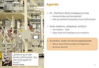 10
Agenda
• KI – Plattform Data Intelligence Hub
– Herausforderung Komplexität
– DIH als plattform-basiertes Geschäftsmodell
• Near realtime, skalierbar, einfach
– Architektur - UDA
– App Store for Intelligence & Analytics
• Konkrete, reale Anwendungsbeispiele
– Neue Geschäftsmodelle ermöglichen
– Business Benefit
„Erfahrung ist der
beste Lehrmeister. Nur
das Schulgeld ist
teuer.“
Thomas Carlyle
 