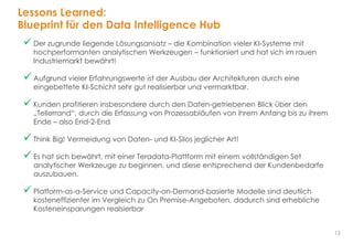 13
Lessons Learned:
Blueprint für den Data Intelligence Hub
 Der zugrunde liegende Lösungsansatz – die Kombination vieler KI-Systeme mit
hochperformanten analytischen Werkzeugen – funktioniert und hat sich im rauen
Industriemarkt bewährt!
 Aufgrund vieler Erfahrungswerte ist der Ausbau der Architekturen durch eine
eingebettete KI-Schicht sehr gut realisierbar und vermarktbar.
 Kunden profitieren insbesondere durch den Daten-getriebenen Blick über den
„Tellerrand“, durch die Erfassung von Prozessabläufen von ihrem Anfang bis zu ihrem
Ende – also End-2-End
 Think Big! Vermeidung von Daten- und KI-Silos jeglicher Art!
 Es hat sich bewährt, mit einer Teradata-Plattform mit einem vollständigen Set
analytischer Werkzeuge zu beginnen, und diese entsprechend der Kundenbedarfe
auszubauen.
 Platform-as-a-Service und Capacity-on-Demand-basierte Modelle sind deutlich
kosteneffizienter im Vergleich zu On Premise-Angeboten, dadurch sind erhebliche
Kosteneinsparungen realsierbar
 