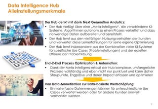 5
Data Intelligence Hub
Alleinstellungsmerkmale
Der Hub denkt mit dank Next Generation Analytics:
 Der Hub verfügt über eine „Meta-Intelligenz“, die verschiedene KI-
Systeme, Algorithmen autonom zu einen Prozess verkettet und dazu
notwendige Daten aufbereitet und bereitstellt.
 Der Hub lernt aus den vielfältigen Nutzungsverhalten der Kunden
und verwertet diese Lernerfahrungen für seine eigene Optimierung
 Der Hub lernt insbesondere aus der Kombination vieler KI-Systeme
für spezifische Use Cases (Problemstellungen) und der erzielten
Effizienz der Problemlösung
End-2-End Process Optimization & Automation:
 Dank der Meta Intelligenz erfasst der Hub komplexe, umfangreiche
Prozesse vollständig und eben nicht nur punktuell und kann daher
Staupunkte, Engpässe und deren Impact erfassen und optimieren
Von Data-Monetization zur Data-basierte Wertschöpfung:
 Einmal erfasste Datenmengen können für unterschiedliche Use
Cases verwertet werden oder für andere Kunden sinnvoll
vermarktet werden
 