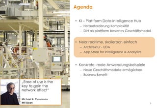 6
Agenda
• KI – Plattform Data Intelligence Hub
– Herausforderung Komplexität
– DIH als plattform-basiertes Geschäftsmodell
• Near realtime, skalierbar, einfach
– Architektur - UDA
– App Store for Intelligence & Analytics
• Konkrete, reale Anwendungsbeispiele
– Neue Geschäftsmodelle ermöglichen
– Business Benefit
„Ease of use is the
key to gain the
network effect“
Michael A. Cusumano
MIT Sloan
 