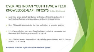 OVER 70% INDIAN YOUTH HAVE A TECH
KNOWLEDGE-GAP: INFOSYS 22nd Jan 2016, Livemint
 An article about a study conducted by Infosys which shows disparity in
technical confidence among developed and emerging economies
 Over 70% people acknowledge the role technology in securing a career
 81% of young Indian men were found to have a technical knowledge gap
compared with 51% in the US and 62% in the UK
 70% of Indian women surveyed had a knowledge gap compared with 42% in the
US and 33% in the UK
Above nos. are clear reflection of the education system
 