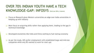 OVER 70% INDIAN YOUTH HAVE A TECH
KNOWLEDGE-GAP: INFOSYS 22nd Jan 2016, Livemint
 Focus on Research gives Western universities an edge over India universities in
keeping up with industry
 More focus on acquiring skills rather than applying them, leading to the gap in
technical knowledge
 Developed economies like India and China working to fuel startup economy
 As per the study, 44% prefer employment with established large and mid-size
companies while only 8% wanted to work for start-ups
 