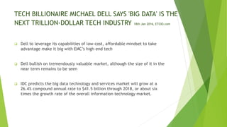 TECH BILLIONAIRE MICHAEL DELL SAYS 'BIG DATA' IS THE
NEXT TRILLION-DOLLAR TECH INDUSTRY 18th Jan 2016, ETCIO.com
 Dell to leverage its capabilities of low-cost, affordable mindset to take
advantage make it big with EMC’s high-end tech
 Dell bullish on tremendously valuable market, although the size of it in the
near term remains to be seen
 IDC predicts the big data technology and services market will grow at a
26.4% compound annual rate to $41.5 billion through 2018, or about six
times the growth rate of the overall information technology market.
 