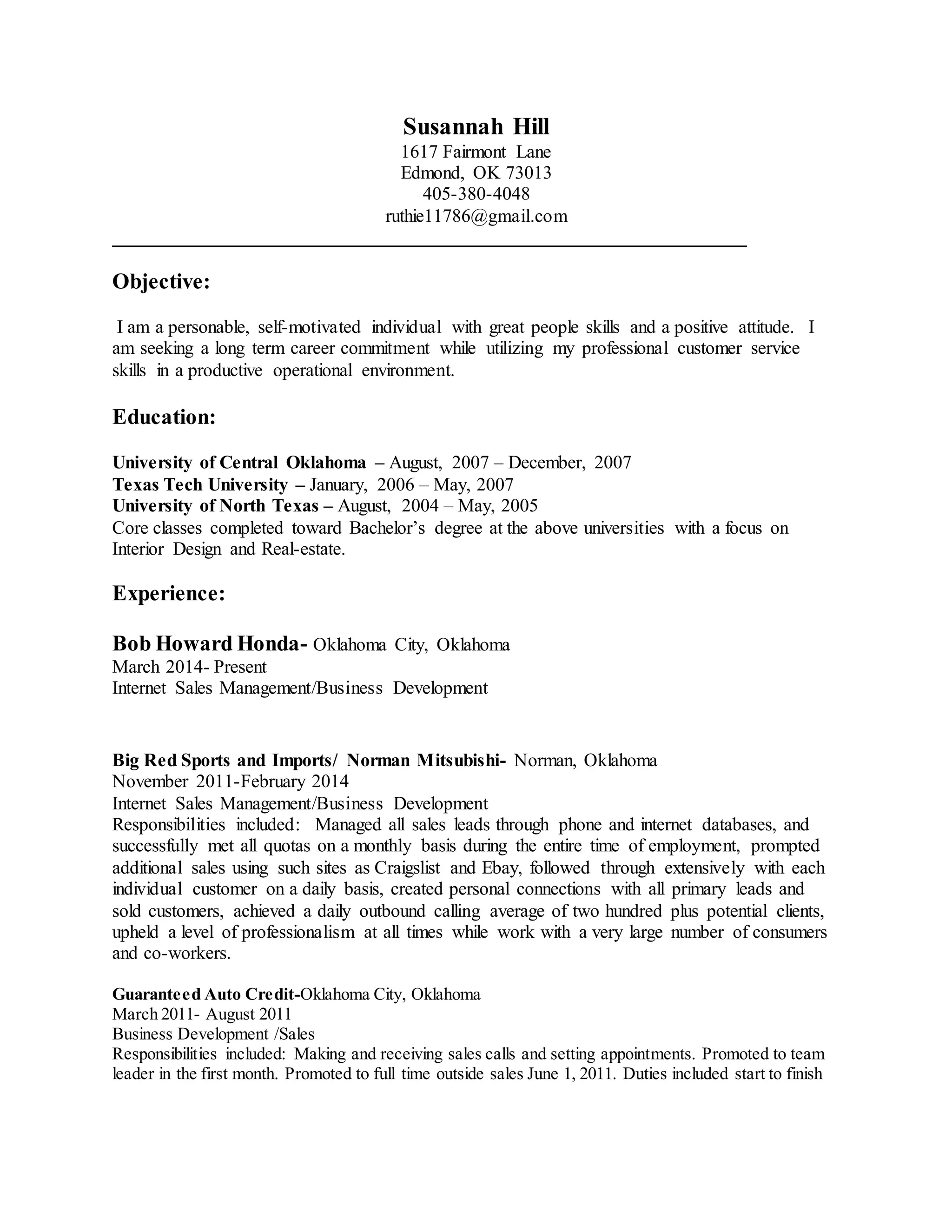 Susannah Hill Resume 1 | DOCX | Sales | Business