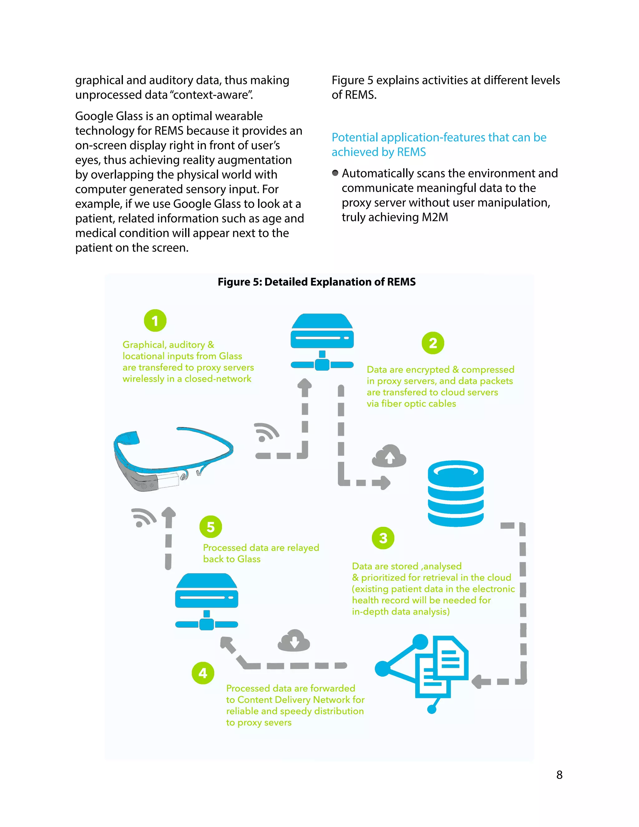 graphical and auditory data, thus making
unprocessed data“context-aware”.
Google Glass is an optimal wearable
technology for REMS because it provides an
on-screen display right in front of user’s
eyes, thus achieving reality augmentation
by overlapping the physical world with
computer generated sensory input. For
example, if we use Google Glass to look at a
patient, related information such as age and
medical condition will appear next to the
patient on the screen.
Figure 5 explains activities at different levels
of REMS.
!
Potential application-features that can be
achieved by REMS
Automatically scans the environment and
communicate meaningful data to the
proxy server without user manipulation,
truly achieving M2M
8
Figure 5: Detailed Explanation of REMS
 