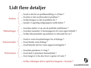 Lidt flere detaljer
… hvordan støtter vi op om de politiske ambitioner ?
… hvordan omsætter vi kerneopgaven til vores egne forhold ?
… hvad er det for en problemstilling vi vil løse ?
… hvilke borgere er det et problem for ?
… kender vi egentlig målgruppens reelle behov ?
… hvad er vores forudsætninger for at bidrage ?
… hvad betyder det for vores opgavevaretagelse ?
… hvorfor er det overhovedet et problem ?
… hvilke fokusområder og indsatser er relevante for os ?
… hvordan præsterer vi i dag ?
… hvori består vores bidrag ?
… hvad skal vi prioritere fremadrettet ?
… hvor langt er vi fra der, hvor vi gerne vil være ?
Analyse
Målsætninger
Fokusområder
Performance
… hvilke virkninger skal vi opnå hos borgerne – hvornår ?
 
