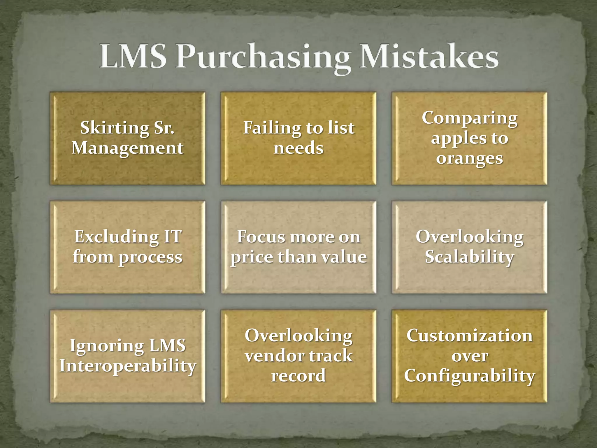 Skirting Sr.
Management
Failing to list
needs
Comparing
apples to
oranges
Excluding IT
from process
Focus more on
price than value
Overlooking
Scalability
Ignoring LMS
Interoperability
Overlooking
vendor track
record
Customization
over
Configurability
 