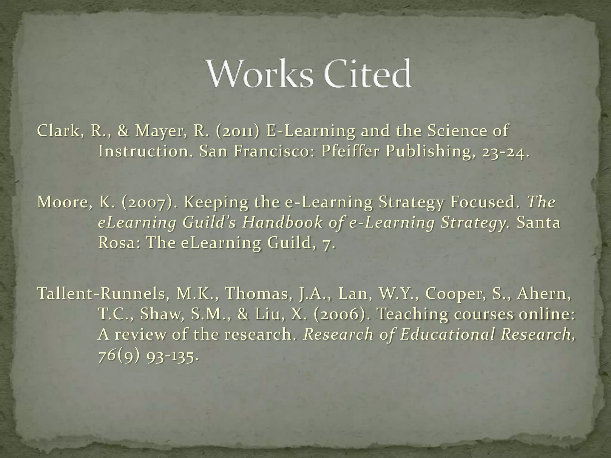 Clark, R., & Mayer, R. (2011) E-Learning and the Science of
Instruction. San Francisco: Pfeiffer Publishing, 23-24.
Moore, K. (2007). Keeping the e-Learning Strategy Focused. The
eLearning Guild’s Handbook of e-Learning Strategy. Santa
Rosa: The eLearning Guild, 7.
Tallent-Runnels, M.K., Thomas, J.A., Lan, W.Y., Cooper, S., Ahern,
T.C., Shaw, S.M., & Liu, X. (2006). Teaching courses online:
A review of the research. Research of Educational Research,
76(9) 93-135.
 