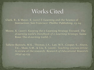 Clark, R., & Mayer, R. (2011) E-Learning and the Science of
Instruction. San Francisco: Pfeiffer Publishing, 23-24.
Moore, K. (2007). Keeping the e-Learning Strategy Focused. The
eLearning Guild’s Handbook of e-Learning Strategy. Santa
Rosa: The eLearning Guild, 7.
Tallent-Runnels, M.K., Thomas, J.A., Lan, W.Y., Cooper, S., Ahern,
T.C., Shaw, S.M., & Liu, X. (2006). Teaching courses online:
A review of the research. Research of Educational Research,
76(9) 93-135.
 