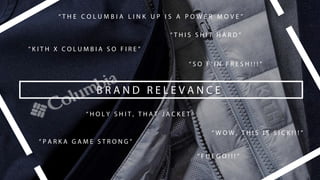 B R A N D R E L E V A N C E
“ K I T H X C O L U M B I A S O F I R E ”
“ H O L Y S H I T , T H A T J A C K E T ”
“ T H I S S H I T H A R D ”
“ P A R K A G A M E S T R O N G ”
“ T H E C O L U M B I A L I N K U P I S A P O W E R M O V E ”
“ W O W , T H I S I S S I C K ! ! ! ”
“ F U E G O ! ! ! ”
“ S O F ’ I N F R E S H ! ! ! ”
 
