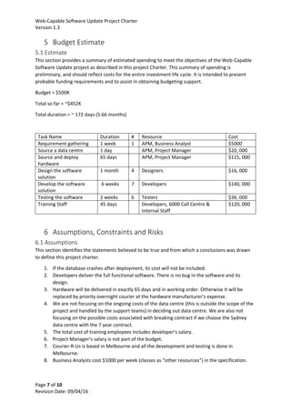 Web-Capable Software Update Project Charter
Version 1.3
Page 7 of 10
Revision Date: 09/04/16
5 Budget Estimate
5.1 Estimate
This section provides a summary of estimated spending to meet the objectives of the Web-Capable
Software Update project as described in this project Charter. This summary of spending is
preliminary, and should reflect costs for the entire investment life cycle. It is intended to present
probable funding requirements and to assist in obtaining budgeting support.
Budget = $500K
Total so far = ~$452K
Total duration = ~ 172 days (5.66 months)
Task Name Duration # Resource Cost
Requirement gathering 1 week 1 APM, Business Analyst $5000
Source a data centre 1 day APM, Project Manager $20, 000
Source and deploy
hardware
65 days APM, Project Manager $115, 000
Design the software
solution
1 month 4 Designers $16, 000
Develop the software
solution
6 weeks 7 Developers $140, 000
Testing the software 2 weeks 6 Testers $36, 000
Training Staff 45 days Developers, 6000 Call Centre &
Internal Staff
$120, 000
6 Assumptions, Constraints and Risks
6.1 Assumptions
This section identifies the statements believed to be true and from which a conclusions was drawn
to define this project charter.
1. If the database crashes after deployment, its cost will not be included.
2. Developers deliver the full functional software. There is no bug in the software and its
design.
3. Hardware will be delivered in exactly 65 days and in working order. Otherwise it will be
replaced by priority overnight courier at the hardware manufacturer’s expense.
4. We are not focusing on the ongoing costs of the data centre (this is outside the scope of the
project and handled by the support teams) in deciding out data centre. We are also not
focusing on the possible costs associated with breaking contract if we choose the Sydney
data centre with the 7 year contract.
5. The total cost of training employees includes developer’s salary.
6. Project Manager’s salary is not part of the budget.
7. Courier-R-Us is based in Melbourne and all the development and testing is done in
Melbourne.
8. Business Analysts cost $1000 per week (classes as “other resources”) in the specification.
 