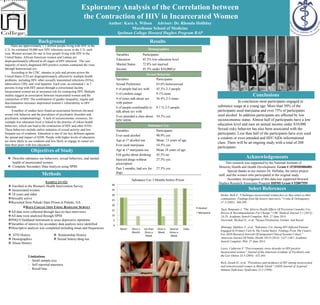 SAMPLE (N=11)
 Enrolled in the Women's Health Intervention Survey
 Incarcerated women
 18 years and older
Sexually active
Recruited from Pulaski State Prison in Pulaski, GA
DATA COLLECTION USING BASELINE SURVEY
All data were collected through face-to-face interviews
All data were analyzed through SPSS
PHQ-9 Vaildated instrument to asses depressive stpmtoms
Variables of interest for secondary data analysis were identified
Descriptive analysis was completed including mean and frequencies
Limitations
- Small sample sixe
- Self reported measures
- Recall bias
Methods
Results
Conclusions
This research was supported by the National Institute of
Minority Health and Health Development. Grant # 1P20MD006881
Special thanks to my mentor Dr. Holliday, the entire project
staff, and the women who participated in the original study.
Secondary investigation of this data was supported Howard
Hughes Research Associates Program HHMI Grant # 52007559
Acknowledgements
Background
Exploratory Analysis of the Correlation between
the Contraction of HIV in Incarcerated Women
Author: Kara A. Wilson Advisor: Dr. Rhonda Holliday
Morehouse School of Medicine
Spelman College Howard Hughes Program RAP
Objectives of Study
 Describe substance use behaviors, sexual behaviors, and mental
health of incarcerated women
 Complete Secondary Data Analysis using SPSS
Select References
Richie, Beth E. "Challenges incarcerated women face as they return to their
communities: Findings from life history interviews." Crime & Delinquency
47.3 (2001): 368-389.
Tuyp, Benjamin J. "The Adverse Health Effects Of Persistent Cannabis Use:
Review & Recommendations For Change." UBC Medical Journal 5.1 (2013):
24-29. Academic Search Complete. Web. 27 June 2014.
Newcomb, Michael E., et al. "Sexual Orientation, Gender, And Racial
Mimiaga, Matthew J., et al. "Substance Use Among HIV-Infected Patients
Engaged In Primary Care In The United States: Findings From The Centers
For AIDS Research Network Of Integrated Clinical Systems Cohort."
American Journal Of Public Health 103.8 (2013): 1457-1467. Academic
Search Complete. Web. 27 June 2014.
Lewis, Catherine F. "Post-traumatic stress disorder in HIV-positive
incarcerated women." Journal of the American Academy of Psychiatry and
the Law Online 33.4 (2005): 455-464.
Rich, Josiah D., et al. "Prevalence and incidence of HIV among incarcerated
and reincarcerated women in Rhode Island." JAIDS Journal of Acquired
Immune Deficiency Syndromes 22.2 (1999): 161-166.
 STD History
 Demographics
 Abuse History
 Relationship History
 Sexual history/drug use
There are approximately 1.1 million people living with HIV in the
U.S. An estimated 50,000 new HIV infections occur in the U.S. each
year. Women account for one in four people living with HIV in the
United States. African American women and Latinas are
disproportionately affected at all stages of HIV infection. The vast
majority of newly diagnosed HIV-positive women contracted the virus
through heterosexual sex.
According to the CDC, inmates in jails and prisons across the
United States (US) are disproportionately affected by multiple health
problems, including HIV, other sexually transmitted infections (STIs),
tuberculosis (TB), and viral hepatitis. Each year, an estimated 1 in 7
persons living with HIV passes through a correctional facility.
Incarcerated women are at increased risk for contracting HIV. Multiple
studies suggest an association between incarcerated women and the
contraction of HIV. The combination of gender inequality, stigma and
discrimination increases imprisoned women’s vulnerability to HIV
infection.
A number of studies have found an association between elevated
sexual risk behavior and the prevalence of psychiatric disorders and
psychiatric symptomatology. A lack of socioeconomic resources, for
example low education level is linked to the practice of riskier health
behaviors, which can lead to the contraction of HIV and other STDs.
These behaviors include earlier initiation of sexual activity and less
frequent use of condoms. Education is one of our key defenses against
the spread and impact of AIDS. People with higher levels of education
are more likely to use condoms and less likely to engage in casual sex
than their peers with less education.
Demographics
Variables Participants
Education 45.5% low education level
Marital Status 72.8% not married
Income 45.5% under $10,000/yr
Sexual Behavior
Variables Participants
Sexual Preference 63.6% heterosexual
# of people had sex with 45.5% 2-3 people
# of condom usage 9.1% none
# of times talk about sex
with partner
36.4% 2-5 times
# of people comfortable to
talk about sex with
9.1 % 2-5 people
Ever attended a class about
HIV/AIDS
54.5% yes
Substance Use
Variables Participants
Ever used alcohol 90.9% yes
Age at 1st alcohol use Mean: 13 years of age
Ever used marijuana 54.5% yes
Age at 1st marijuana use Mean 18 years of age
Felt guilty about drinking 45.5% no
Injected drugs without
prescription
27.3% yes
Past 3 months, had sex for
dugs
27.3% yes
0
5
10
15
20
25
30
35
40
Never Once a
Month
Les than
Once a
Week
Once a
Week
Several
mes a
Week
Daily
Alcohol
Marijuana
Substance Use 3 Months before Prison
In conclusion most participants engaged in
substance usage at a young age. More than 50% of the
participants used marijuana and over 75% of participants
used alcohol. In addition participants are affected by low
socioeconomic status. Almost half of participants have a low
education level and earn an annual income under $10,000.
Sexual risky behavior has also been associated with the
participants. Less than half of the participants have ever used
a condom or even attended and HIV/AIDs informational
class. There will be an ongoing study with a total of 200
participants.
 