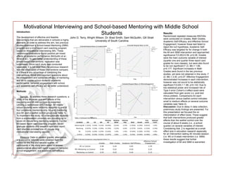 Results:
Randomized repeated measures ANOVAs
were conducted on Grades, Math Grades,
Academic Self-Efficacy, and Affective School
Engagement; however these test failed to
reject the null hypothesis. Academic Self-
Efficacy was targeted for for change in both
the MI and SBM intervention and approached
significance F(3,85)=2.56, p=0.06. Grades
were the main outcome variable of interest
(quarter one and quarter three report card
grades for core classes), but were also found
to be non significant F (3, 88) = 1.68,
p=0.177. Significant increases in Math
Grades were found in the two previous
studies, yet were not obtained in this study F
(2, 88) = 2.40, p=0.07. Affective Engagement
demonstrated increases in each intervention,
however was not sound to be statistically
significant F(3,83) = 1.86, p=0.143. Due to
low statistical power and increased risk of
Type II error Cohen’s d effect sized were
calculated from gain score (i.e. post test
minus pretest). Comparisons for each
intervention versus waitlist control indicates
small to medium effects on several outcome
variables (see Table 2).
Discussion: Due to delay in data collection,
preliminary study findings are presented. For
this presentation we focused the on
interpretation of effect sizes. These suggest
that both interventions produced greater
effects than the waitlist control over the
course of about 8 weeks (i.e., a school
quarter) on several variables of interest.
Considering that .2 is regarded as a small
effect size in education research especially
for an intervention lasting 45 minutes session
(i.e. MI) or 8 week intervention (i.e. SBM)
these results suggest that further
investigation of MI and SBM is warranted.
Motivational Interviewing and School-based Mentoring with Middle School
Students
John D. Terry, Wright Wilson, Dr. Brad Smith, Sam McQuillin, Gill Strait
University of South Carolina
Introduction:
The development of effective and feasible
interventions that are deliverable in schools is highly
desirable. In order to address this aim, two previous
studies examined a School-based Mentoring (SBM)
program and a brief report card coaching program
based on Motivational Interviewing (MI). These
randomized evaluations found positive yet mixed
effects on academic performance (McQuillin et al.;
Strait et al.). To gain better understanding of these
school-based interventions, replication was
undertaken. Since each study was conducted
separately, it is not clear from the previous research
how the effect sizes of these interventions compare,
or if there is any advantage of combining the
interventions. Novel and important questions about
the independent and combined efficacy of mentoring
and MI on middle school students’ academic
performance, behavior, engagement with school,
and academic self-efficacy will be better understood.
Methods:
Sample:. To address these research questions, a
study of the separate and joint effects of the
mentoring and MI interventions is presented.
Utilizing a randomized 2 X 2 design, 97 middle
school students were randomly assigned to one of
four conditions: mentoring only, MI only, mentoring
plus MI, and a waitlist control group (see Table 1).
To implement this study, 42 undergraduate students
from a southeastern university are providing up to
seven 45 minute long mentoring sessions. For the
MI-based report card coaching program, seven
graduate students and research specialist report
card coaches provided one 45 minute long
motivational interviewing session.
Measure: Data on student grades, attendance,
and discipline referrals were obtained from the
school for the first and second quarter. All
participants in the study were asked to answer
questionnaires about self-report academic behavior,
school engagement, and academic self-efficacy.
Table	
  1:	
  Par+cipant	
  Demographics	
  
Condi&on	
   6th	
   7th	
   8th	
  
Ethnicity	
  
AA	
  
Ethnicity	
  
White	
  
Ethnicity	
  
Hisp	
   Male	
   Female	
  
Free	
  
Lunch	
  
Reduced	
  
Lunch	
  
Mentoring+MI	
   11	
  (42%)	
   9	
  (34%)	
   6	
  (23%)	
   18	
  (69%)	
   6	
  (23%)	
   2	
  (7%)	
   13	
  (50%)	
   13	
  (50%)	
   16	
  (61%)	
   1	
  (3%)	
  
Mentoring	
   10	
  (47%)	
   5	
  (23%)	
   6	
  (28%)	
   16	
  (76%)	
   5	
  (23%)	
   0	
  (0%)	
   12	
  (57%)	
   9	
  (42%)	
   11	
  (52%)	
   3	
  (14%)	
  
MI	
   13	
  (52%)	
   6	
  (24%)	
   6	
  (24%)	
   23	
  (92%)	
   1	
  (4%)	
   1	
  (4%)	
   10	
  (40%)	
   15	
  (60%)	
   19	
  (76%)	
   1	
  (4%)	
  
Control	
   8	
  (33%)	
   8	
  (33%)	
   8	
  (33%)	
   21	
  (87%)	
   2	
  (8%)	
   1	
  (4%)	
   8	
  (33%)	
   16	
  (66%)	
   14	
  (58%)	
   2	
  (8%)	
  
Table	
  2:Planned	
  Comparison	
  using	
  Adjusted	
  Cohen's	
  d	
  	
  
Grades Math Grades Academic Self-Efficacy
Affective School
Engagement
MI vs Control 0.08 0.69 0.82 0.30
MI+Mentoring vs Control 0.46 0.62 0.40 0.25
Mentoring vs Control 0.54 0.63 0.44 0.10
 