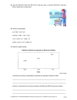 5) João tem R$ 84,30. Pedro tem R$ 31,50 a mais que João, e José tem R$ 54,25 a mais que 
Pedro. Quanto têm os três juntos? 
6) Calcule as expressões: 
a) 17,352 – 15,2 + 8,3 
b) 35,25 – (4,85 – 1,23 + 17,9) 
c) 15 – (3,25 + 2,7 – 4,08) – 10 
d) 20,3 – [4,75 – (1,2 + 2,38)] + 5,1 
7) Observe o gráfico abaixo. 
Telefones celulares em operação no Brasil (em milhões) 
Anos 
Fonte: Anatel 
a) Escreva por extenso a quantidade de celulares em operação no Brasil em 2004. 
____________________________________________________________________________ 
____________________________________________________________________________ 
b) Qual é o crescimento do número de celulares de 2002 para 2004? Escreva por extenso. 
____________________________________________________________________________ 
____________________________________________________________________________ 
L/prof/66d27d2d-1e14-460a-98b8-8ad40d85f517operaescomnmerosdecimais1-141102062827-conversion-gate01.doc 3/10 
 