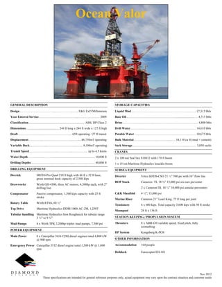 Nov 2012
These specifications are intended for general reference purposes only, actual equipment may vary upon the contract situation and customer needs
GENERAL DESCRIPTION
Design……………………………...……………...….. F&G ExD Millennium
Year Entered Service………………………………...………………… 2009
Classification......................................................................... ABS, DP Class 2
Dimensions…....................................... 244 ft long x 244 ft wide x 127 ft high
Draft…………………..……………………….... 65ft operating / 27 ft transit
Displacement…………...……………………….....….... 46,750mT operating
Variable Deck...…….……...………………………..….... 8,100mT operating
Transit Speed………………...……..…………...….………... up to 4.5 knots
Water Depth…….……....………...................................................... 10,000 ft
Drilling Depths…………………………………...………………… 40,000 ft
DRILLING EQUIPMENT
Derrick MH Hi-Pro Quad 210 ft high with 46 ft x 52 ft base,
gross nominal hook capacity of 2,500 kips
Drawworks Wirth GH-4500, three AC motors, 4,500hp each, with 2”
drilling line
Compensator Passive compensator, 1,500 kips capacity with 25 ft
stroke
Rotary Table Wirth RTSS, 60 ½”
Top Drive Maritime Hydraulics DDM-1000-AC-2M, 1,250T
Tubular handling Maritime Hydraulics Iron Roughneck for tubular range
3 ½” to 9 ¾”
Mud Pumps 4 x Wirth TPK 2,200hp triplex mud pumps, 7,500 psi
POWER EQUIPMENT
Main Power 8 x Caterpillar 3616 C280 diesel engines rated 4,800 kW
@ 900 rpm
Emergency Power Caterpillar 3512 diesel engine rated 1,300 kW @ 1,800
rpm
STORAGE CAPACITIES
Liquid Mud……………………………………………………… 17,315 bbls
Base Oil…………………………………………........................…. 4,715 bbls
Brine………………..………...……………………………………. 4,800 bbls
Drill Water…………………….………………………………… 14,610 bbls
Potable Water…...………………………………………………. 10,675 bbls
Bulk Material…………………..…….….......… 34,110 cu ft (mud + cement)
Sack Storage………………………………….…………..……… 3,050 sacks
CRANES
2 x 100 ton SeaTrax S10832 with 170 ft boom
1 x 15 ton Maritime Hydraulics knuckle-boom
SUBSEA EQUIPMENT
Diverter Vetco KFDS-CSO 21 ¼” 500 psi with 16” flow line
BOP Stack Cameron TL 18 ¾” 15,000 psi six-ram preventer
2 x Cameron DL 18 ¾” 10,000 psi annular preventers
C&K Manifold 4 ½”, 15,000 psi
Marine Riser Cameron 21” Load King, 75 ft long per joint
Tensioners 6 x 600 kips. Total capacity 3,600 kips with 50 ft stroke
Moonpool 28 ft x 136 ft
STATION KEEPING / PROPULSION SYSTEM
Thrusters 8 x ABB 630 variable speed, fixed pitch, fully
azimuthing
DP System Kongsberg K-POS
OTHER INFORMATION
Accommodation 164 people
Helideck Eurocopter EH-101
Ocean Valor
 