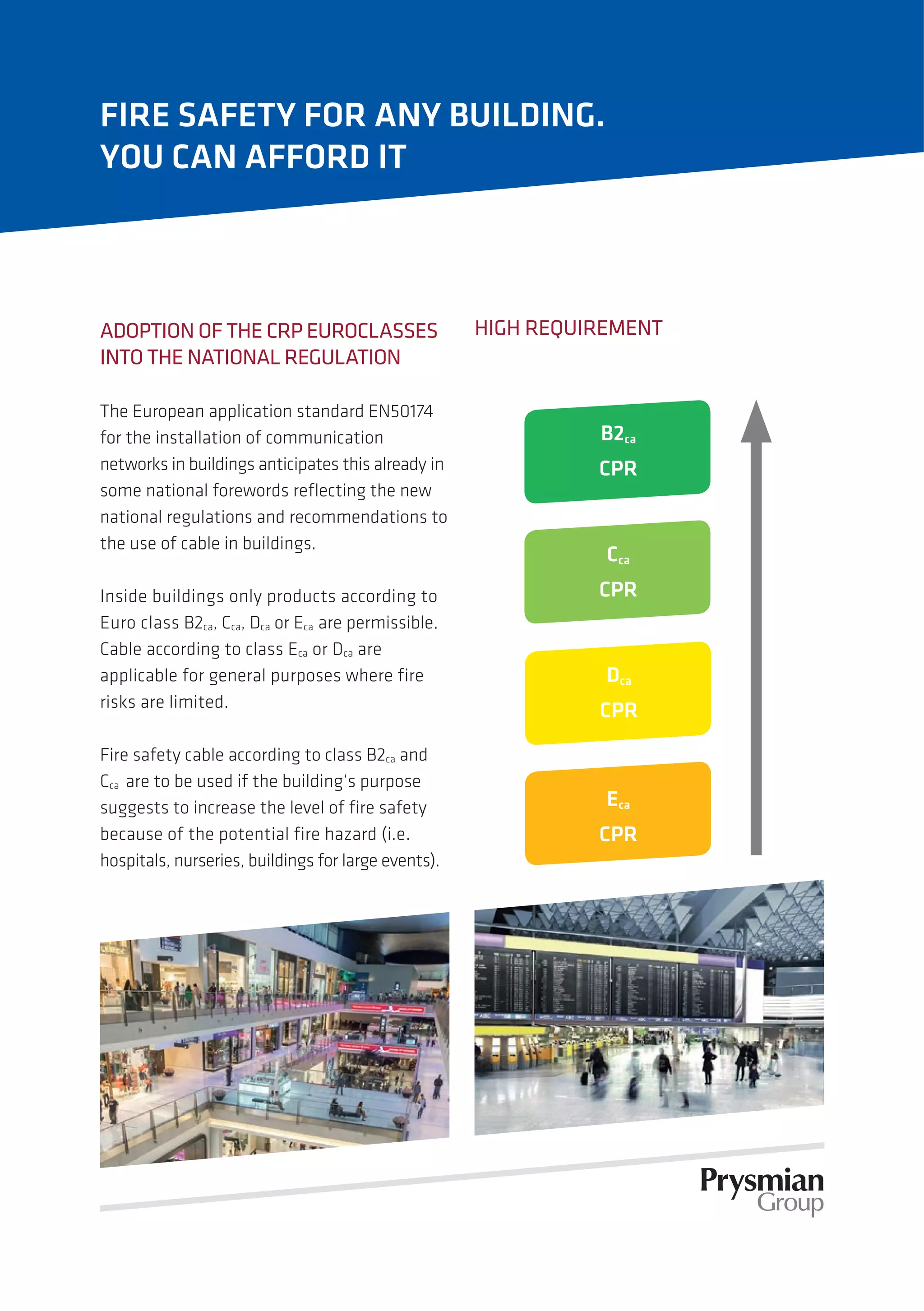 ADOPTION OF THE CRP EUROCLASSES
INTO THE NATIONAL REGULATION
The European application standard EN50174
for the installation of communication
networks in buildings anticipates this already in
some national forewords reflecting the new
national regulations and recommendations to
the use of cable in buildings.
Inside buildings only products according to
Euro class B2ca, Cca, Dca or Eca are permissible.
Cable according to class Eca or Dca are
applicable for general purposes where fire
risks are limited.
Fire safety cable according to class B2ca and
Cca are to be used if the building‘s purpose
suggests to increase the level of fire safety
because of the potential fire hazard (i.e.
hospitals, nurseries, buildings for large events).
HIGH REQUIREMENT
B2ca
CPR
Cca
CPR
Dca
CPR
Eca
CPR
FIRE SAFETY FOR ANY BUILDING.
YOU CAN AFFORD IT
 