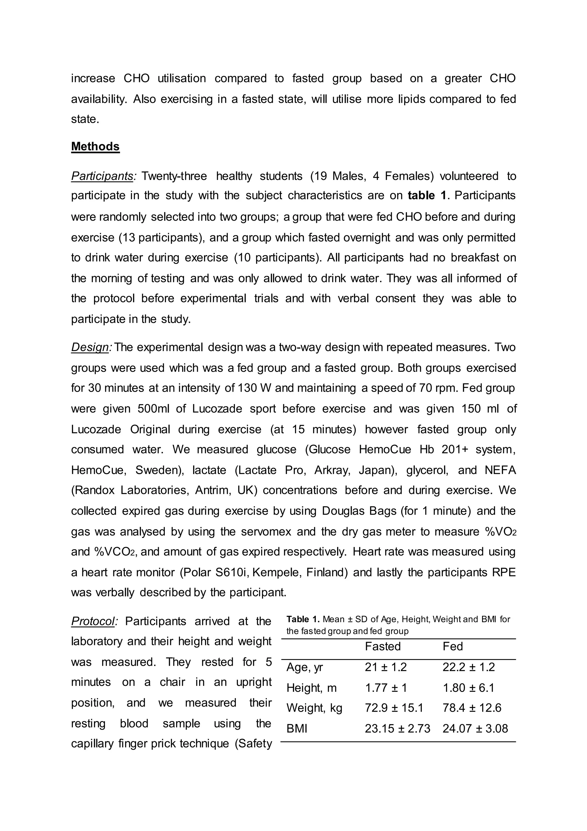 increase CHO utilisation compared to fasted group based on a greater CHO
availability. Also exercising in a fasted state, will utilise more lipids compared to fed
state.
Methods
Participants: Twenty-three healthy students (19 Males, 4 Females) volunteered to
participate in the study with the subject characteristics are on table 1. Participants
were randomly selected into two groups; a group that were fed CHO before and during
exercise (13 participants), and a group which fasted overnight and was only permitted
to drink water during exercise (10 participants). All participants had no breakfast on
the morning of testing and was only allowed to drink water. They was all informed of
the protocol before experimental trials and with verbal consent they was able to
participate in the study.
Design: The experimental design was a two-way design with repeated measures. Two
groups were used which was a fed group and a fasted group. Both groups exercised
for 30 minutes at an intensity of 130 W and maintaining a speed of 70 rpm. Fed group
were given 500ml of Lucozade sport before exercise and was given 150 ml of
Lucozade Original during exercise (at 15 minutes) however fasted group only
consumed water. We measured glucose (Glucose HemoCue Hb 201+ system,
HemoCue, Sweden), lactate (Lactate Pro, Arkray, Japan), glycerol, and NEFA
(Randox Laboratories, Antrim, UK) concentrations before and during exercise. We
collected expired gas during exercise by using Douglas Bags (for 1 minute) and the
gas was analysed by using the servomex and the dry gas meter to measure %VO2
and %VCO2, and amount of gas expired respectively. Heart rate was measured using
a heart rate monitor (Polar S610i, Kempele, Finland) and lastly the participants RPE
was verbally described by the participant.
Protocol: Participants arrived at the
laboratory and their height and weight
was measured. They rested for 5
minutes on a chair in an upright
position, and we measured their
resting blood sample using the
capillary finger prick technique (Safety
Table 1. Mean ± SD of Age, Height, Weight and BMI for
the fasted group and fed group
Fasted Fed
Age, yr 21 ± 1.2 22.2 ± 1.2
Height, m 1.77 ± 1 1.80 ± 6.1
Weight, kg 72.9 ± 15.1 78.4 ± 12.6
BMI 23.15 ± 2.73 24.07 ± 3.08
 