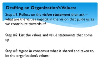 Step #1: Reflect on the vision statement then ask –
what are the values implicit in the vision that guide us as
we contribute towards it?
Step #2: List the values and value statements that come
up
Step #3:Agree in consensus what is shared and taken to
be the organization’s values
Drafting an Organization’sValues:
 