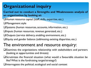 Carried out to conduct a Strengths and Weaknessees analysis of
an organization by looking at:
Human resource capital (staff, skills, expertise, etc.)
Management style
Systems (human resources, accounts, information, etc.)
Inputs (human resources, revenue generated, etc.)
Outputs (service delivery, enabling environment, etc.)
Equity and gender balance (addressing existing disparities, etc.)
The environment and resource enquiry:
Examines the organizations relationship with stakeholders and partners
(looking at opportunities and threats)
Scrutinizes the financial situation (what would a favourable situation be
like?What is the fundraising target/strategy?)
Interrogates the political, ecological and social context
Organizational inquiry
 