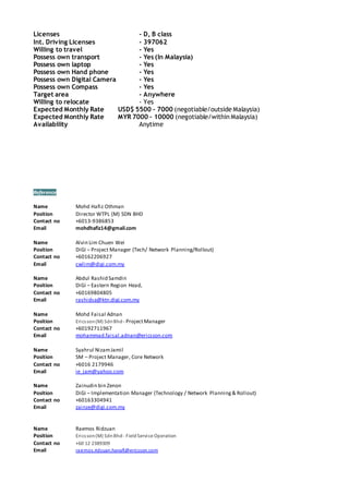 Licenses - D, B class
Int. Driving Licenses - 397062
Willing to travel - Yes
Possess own transport - Yes (In Malaysia)
Possess own laptop - Yes
Possess own Hand phone - Yes
Possess own Digital Camera - Yes
Possess own Compass - Yes
Target area - Anywhere
Willing to relocate - Yes
Expected Monthly Rate USD$ 5500 - 7000 (negotiable/outside Malaysia)
Expected Monthly Rate MYR 7000 - 10000 (negotiable/within Malaysia)
Availability Anytime
Reference
Name Mohd Hafiz Othman
Position Director WTPL (M) SDN BHD
Contact no +6013-9386853
Email mohdhafiz14@gmail.com
Name Alvin Lim Chuen Wei
Position DiGi – Project Manager (Tech/ Network Planning/Rollout)
Contact no +60162206927
Email cwlim@digi.com.my
Name Abdul Rashid Samdin
Position DiGi – Eastern Region Head,
Contact no +60169804805
Email rashidsa@ktn.digi.com.my
Name Mohd Faisal Adnan
Position Ericsson(M) SdnBhd - ProjectManager
Contact no +60192711967
Email mohammad.faisal.adnan@ericsson.com
Name Syahrul NizamJamil
Position SM – Project Manager, Core Network
Contact no +6016 2179946
Email ie_jam@yahoo.com
Name Zainudin bin Zenon
Position DiGi – Implementation Manager (Technology / Network Planning& Rollout)
Contact no +60163304941
Email zainze@digi.com.my
Name Raemos Ridzuan
Position Ericsson(M) SdnBhd - FieldService Operation
Contact no +60 12 2389309
Email raemos.ridzuan.hanafi@ericsson.com
 