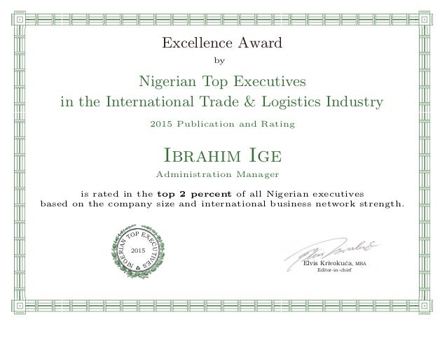 Excellence Award Certificate Excellence Award Certificate