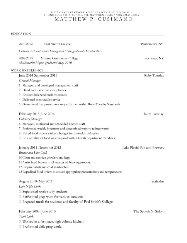 Matthew Cusimano Resume | RTF | Cooking | Food & Drink