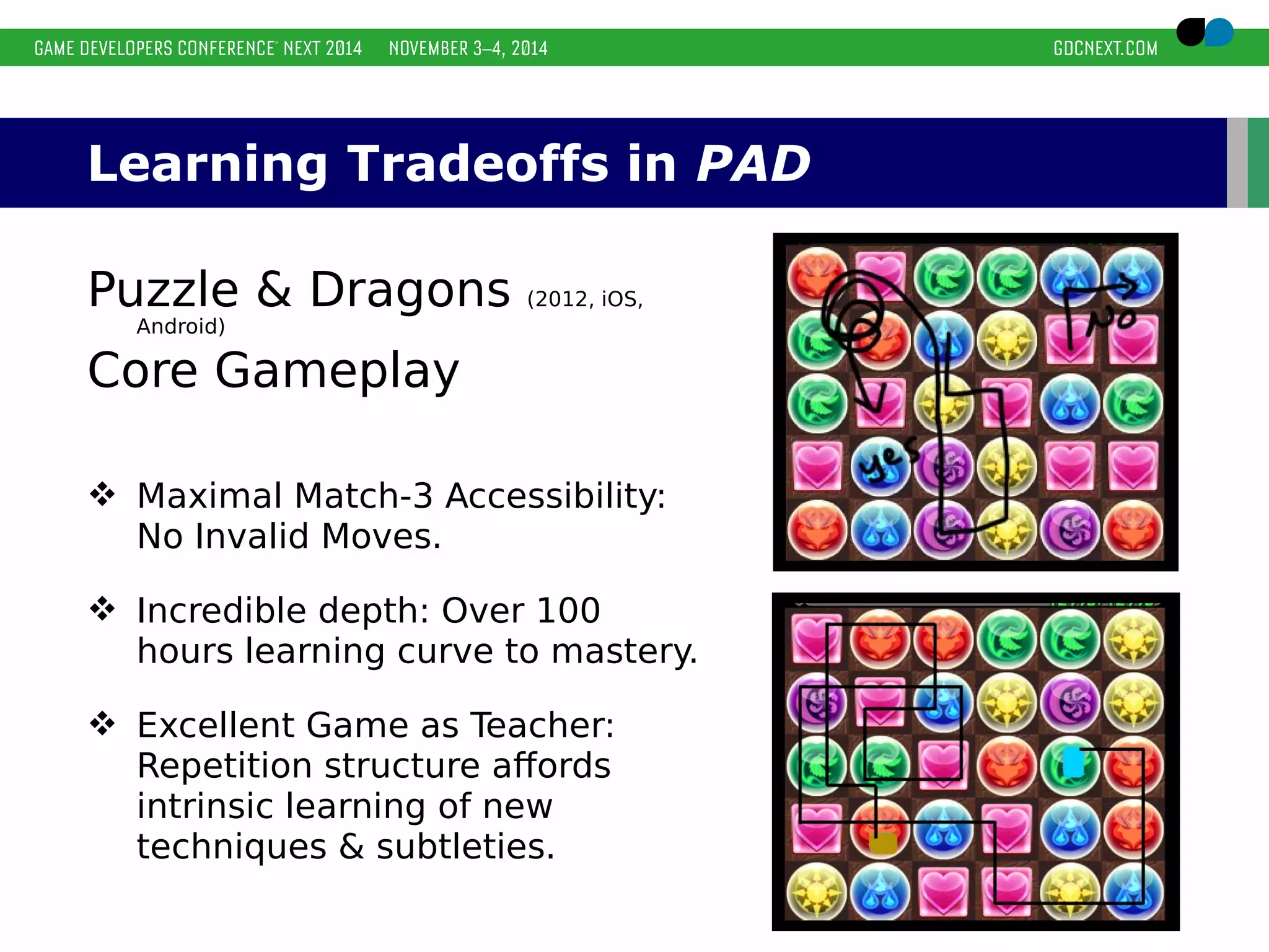 Learning Tradeoffs in PAD 
Puzzle & Dragons (2012, iOS, 
Android) 
Core Gameplay 
 Maximal Match-3 Accessibility: 
No Invalid Moves. 
 Incredible depth: Over 100 
hours learning curve to mastery. 
 Excellent Game as Teacher: 
Repetition structure affords 
intrinsic learning of new 
techniques & subtleties. 
 