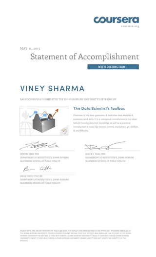 coursera.org
Statement of Accomplishment
WITH DISTINCTION
MAY 11, 2015
VINEY SHARMA
HAS SUCCESSFULLY COMPLETED THE JOHNS HOPKINS UNIVERSITY'S OFFERING OF
The Data Scientist’s Toolbox
Overview of the data, questions, & tools that data analysts &
scientists work with. It is a conceptual introduction to the ideas
behind turning data into knowledge as well as a practical
introduction to tools like version control, markdown, git, GitHub,
R, and RStudio.
JEFFREY LEEK, PHD
DEPARTMENT OF BIOSTATISTICS, JOHNS HOPKINS
BLOOMBERG SCHOOL OF PUBLIC HEALTH
ROGER D. PENG, PHD
DEPARTMENT OF BIOSTATISTICS, JOHNS HOPKINS
BLOOMBERG SCHOOL OF PUBLIC HEALTH
BRIAN CAFFO, PHD, MS
DEPARTMENT OF BIOSTATISTICS, JOHNS HOPKINS
BLOOMBERG SCHOOL OF PUBLIC HEALTH
PLEASE NOTE: THE ONLINE OFFERING OF THIS CLASS DOES NOT REFLECT THE ENTIRE CURRICULUM OFFERED TO STUDENTS ENROLLED AT
THE JOHNS HOPKINS UNIVERSITY. THIS STATEMENT DOES NOT AFFIRM THAT THIS STUDENT WAS ENROLLED AS A STUDENT AT THE JOHNS
HOPKINS UNIVERSITY IN ANY WAY. IT DOES NOT CONFER A JOHNS HOPKINS UNIVERSITY GRADE; IT DOES NOT CONFER JOHNS HOPKINS
UNIVERSITY CREDIT; IT DOES NOT CONFER A JOHNS HOPKINS UNIVERSITY DEGREE; AND IT DOES NOT VERIFY THE IDENTITY OF THE
STUDENT.
 
