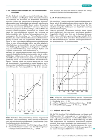 Aufsatz

2.3.3 Standard-Hohlraumböden mit trittschalldämmenden               fluß“ durch die Stützen in die Rohdecke aufgrund der Absorp-
      Unterlagen                                                    tion durch elastische Verformung reduziert wird.

Werden die bereits beschriebenen, zumeist kreisförmigen Stanz-
teile in Scheiben- oder Ringform mittels Polyurethankleber an       2.3.4 Trockenhohlraumböden
der Unterseite der Fußplatten der Stahlstützen werksmäßig
appliziert, können die Stahlstützen mit kompletter Trittschall-     Die Anzahl der Untersuchungen an Trockenhohlraumböden in
dämmung direkt auf der Rohdecke lose aufgestellt oder ihrerseits    Bezug auf die Trittschallminderung ist noch gering. Eine Aus-
wiederum mit Polyurethankleber fixiert werden. Gelegentlich         wahl von Ergebnissen zeigt Bild 7 mit dem Verlauf der Tritt-
wird auch mineralischer „Flexkleber“ verwendet. Bei dessen          schallminderung über der Frequenz und Angabe der bewerteten
Verwendung ist jedoch zu berücksichtigen, daß der Kleber die        Trittschallminderung ∆Lw.
porösen Gummischrotplatten durchdringt und versteift und            Trotz der geringeren Flächenmasse derartiger Böden ergeben
damit die Trittschallminderung reduziert. Der Verlegung mit         sich – offensichtlich durch die starke Dämpfung der Sandwich-
Polyurethankleber- oder der losen Verlegung ist somit der Vor-      Tragschicht – ähnlich hohe Werte wie für Standard-Hohlraum-
zug zu geben. Bei Verwendung von Polyurethanklebern ist zu          böden mit monolithisch vergossener bauseitiger Anhydrit-Deck-
beachten, daß bei den lieferbaren Produkten (nach Herstelleran-     schicht. Eine große Rolle spielt beim Trockenhohlraumboden
gaben) die Shore-Härte des ausgehärteten Klebers zwischen           die Art der Verklebung der einzelnen Plattenlagen untereinan-
Shore 40 (eher einem weichen Radiergummi vergleichbar) und          der. Hierüber soll a. a. O. berichtet werden.
Shore 90 (eher „Winterreifenhärte“) liegt, was sicher schalltech-
nisch bedeutsam ist, jedoch leider von den Herstellern negiert
wird. Bild 6 zeigt das Beispiel eines Meßergebnisses der Minde-
rung der Trittschalldämmung eines derartigen Systems und
Angaben zur bewerteten Trittschallminderung ∆Lw.
Es lassen sich mit derartigen Unterlagen somit Trittschallminde-
rungen in der gleichen Größenordnung erzielen, wie sie mit Tep-
pichbelägen möglich sind, weil vor allem bei tiefen Frequenzen
ab 100 Hz eine gute Verbesserung erzielt wird. Zusätzliche Tep-
pichbeläge wirken sich bei Hohlraumböden mit trittschalldäm-
mender Unterlage jedoch nur noch um wenige dB aus. Durch
die Abkopplung des Hohlraumbodens von der Rohdecke bewir-
ken derartige trittschalldämmende Unterlagen jedoch eine Ver-
schlechterung der Flankenpegeldifferenz [1], da der „Energie-
                                                                       Trittschallminderung ∆L in dB
   Trittschallminderung ∆L in dB




                                                                                                                          Frequenz f in Hz


                                                                    Bild 7 Verlauf der Trittschallminderung über der Frequenz und
                                                                    bewertete Trittschallminderung eines Trocken-Hohlraumbodens:
                                                                    A ohne Belag; ∆Lw,P = 19 dB
                                                                    B mit 7mm Fertigparkett, werkseitig appliziert; ∆Lw,P = 20 dB
                                                                    C mit Teppichbelag (∆Lw,Teppich = 26 dB); ∆Lw,P = 33 dB



                                                                    2.4 Vergleich mit VDI 3762
                                   Frequenz f in Hz
                                                                    Für die VDI-Richtlinie 3762 „Schalldämmung von Doppel- und
                                                                    Hohlraumböden“ [9] wurde aufgrund von bürokratischen, for-
Bild 6 Verlauf der Trittschallminderung über der Frequenz und       malen Abgrenzungsstreitigkeiten zwischen VDI und DIN erst im
bewertete Trittschallminderung eines Standard-Hohlraumbo-           Jahr 1998 nahezu unverändert die Entwurfsfassung vom Mai
dens mit und ohne trittschalldämmende Gummigranulat-Unter-          1994 verabschiedet, die ihrerseits auf redaktionellen Arbeiten
legscheiben unter den Stahlstützen:                                 von Ende der achtziger Jahre basiert und aus den gleichen Grün-
A Standard-Hohlraumboden, ohne Unterlagen; ∆Lw,P = 23 dB            den verzögert erschien. Es ist deshalb angemessen, die inzwi-
B Standard-Hohlraumboden mit 6 mm dicker Gummigranulat-             schen eingetretenen, z. T. erheblichen Veränderungen gegenüber
    Unterlage unter den Stahlstützen; ∆Lw,P = 29 dB                 der letzten Fassung von VDI 3762 zu verdeutlichen.              69



                                                                                                       E. Sälzer und J. Maack • Schallschutz mit Hohlraumböden – Teil 2
 