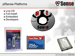 pfSense Platforms
Live CD
Full Install
Embedded
Developers
 