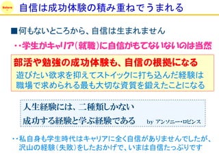 Solare
         自信は成功体験の積み重ねでうまれる

    ■何もないところから、自信は生まれません
         ・・学生がキャリア（就職）に自信がもてないないのは当然

         部活や勉強の成功体験も、自信の根拠になる
         遊びたい欲求を抑えてストイックに打ち込んだ経験は
         職場で求められる最も大切な資質を鍛えたことになる

          人生経験には、二種類しかない
          成功する経験と学ぶ経験である   ｂｙ アンソニー・ロビンス


     ・・私自身も学生時代はキャリアに全く自信がありませんでしたが、
       沢山の経験（失敗）をしたおかげで、いまは自信たっぷりです
 