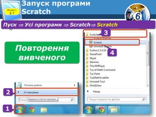 6
Розділ 1
§ 7
Запуск програми
Scratch
Пуск  Усі програми  Scratch Scratch
1
2
4
3
Повторення
вивченого
 