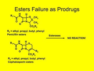 Esters Failure as Prodrugs
N
SN
H
O
O
CO2R2
H
R1
R3
R2 = ethyl, propyl, butyl, phenyl
Cephalosporin esters
Esterases
NO REACTION!
N
SN
H
O
O
CO2R2
H
CH3
CH3
R1
R2 = ethyl, propyl, butyl, phenyl
Penicillin esters
 