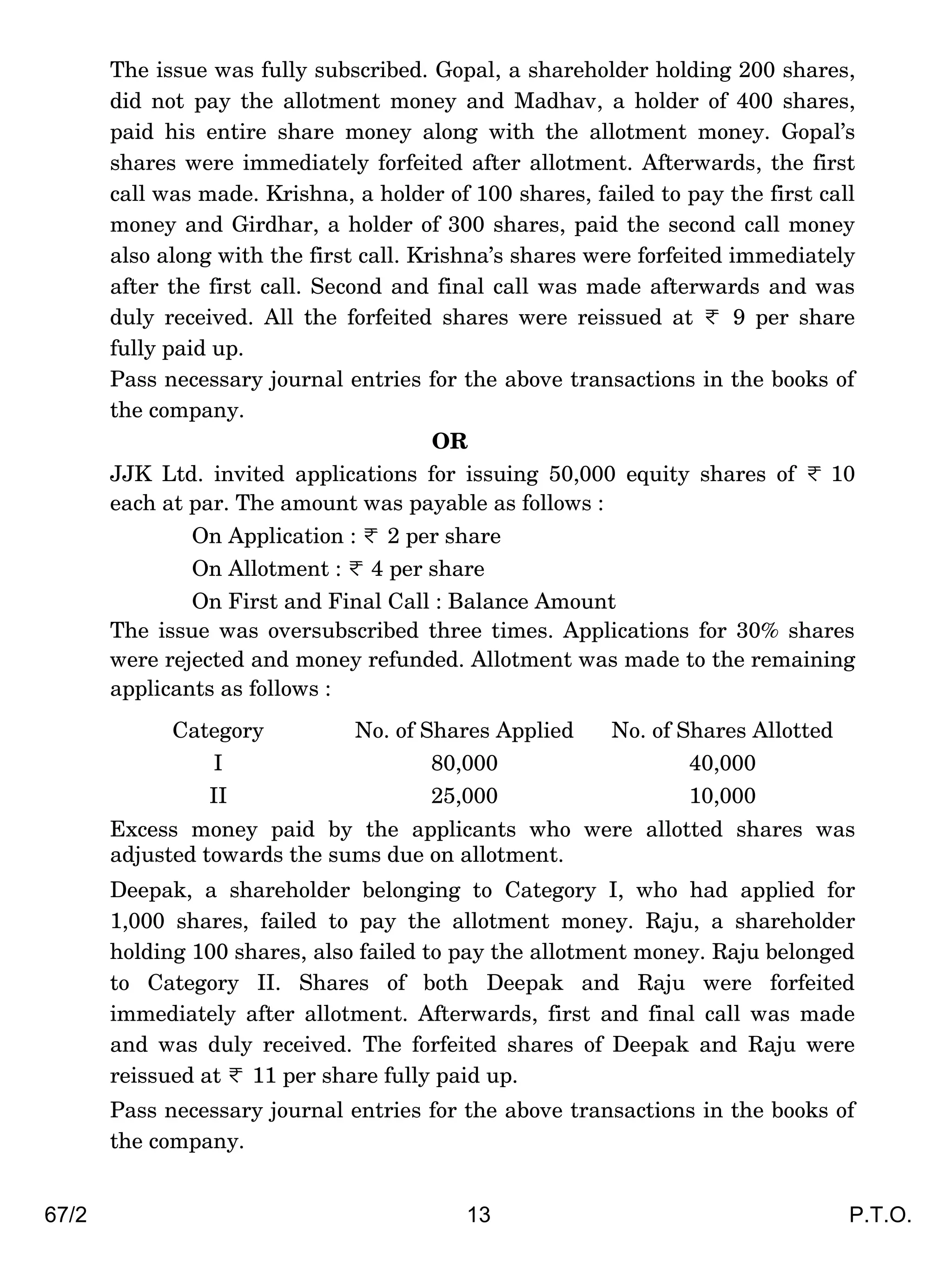 67/2 13 P.T.O.
The issue was fully subscribed. Gopal, a shareholder holding 200 shares,
did not pay the allotment money and Madhav, a holder of 400 shares,
paid his entire share money along with the allotment money. Gopal’s
shares were immediately forfeited after allotment. Afterwards, the first
call was made. Krishna, a holder of 100 shares, failed to pay the first call
money and Girdhar, a holder of 300 shares, paid the second call money
also along with the first call. Krishna’s shares were forfeited immediately
after the first call. Second and final call was made afterwards and was
duly received. All the forfeited shares were reissued at < 9 per share
fully paid up.
Pass necessary journal entries for the above transactions in the books of
the company.
OR
JJK Ltd. invited applications for issuing 50,000 equity shares of < 10
each at par. The amount was payable as follows :
On Application : < 2 per share
On Allotment : < 4 per share
On First and Final Call : Balance Amount
The issue was oversubscribed three times. Applications for 30% shares
were rejected and money refunded. Allotment was made to the remaining
applicants as follows :
Category No. of Shares Applied No. of Shares Allotted
I 80,000 40,000
II 25,000 10,000
Excess money paid by the applicants who were allotted shares was
adjusted towards the sums due on allotment.
Deepak, a shareholder belonging to Category I, who had applied for
1,000 shares, failed to pay the allotment money. Raju, a shareholder
holding 100 shares, also failed to pay the allotment money. Raju belonged
to Category II. Shares of both Deepak and Raju were forfeited
immediately after allotment. Afterwards, first and final call was made
and was duly received. The forfeited shares of Deepak and Raju were
reissued at < 11 per share fully paid up.
Pass necessary journal entries for the above transactions in the books of
the company.
 