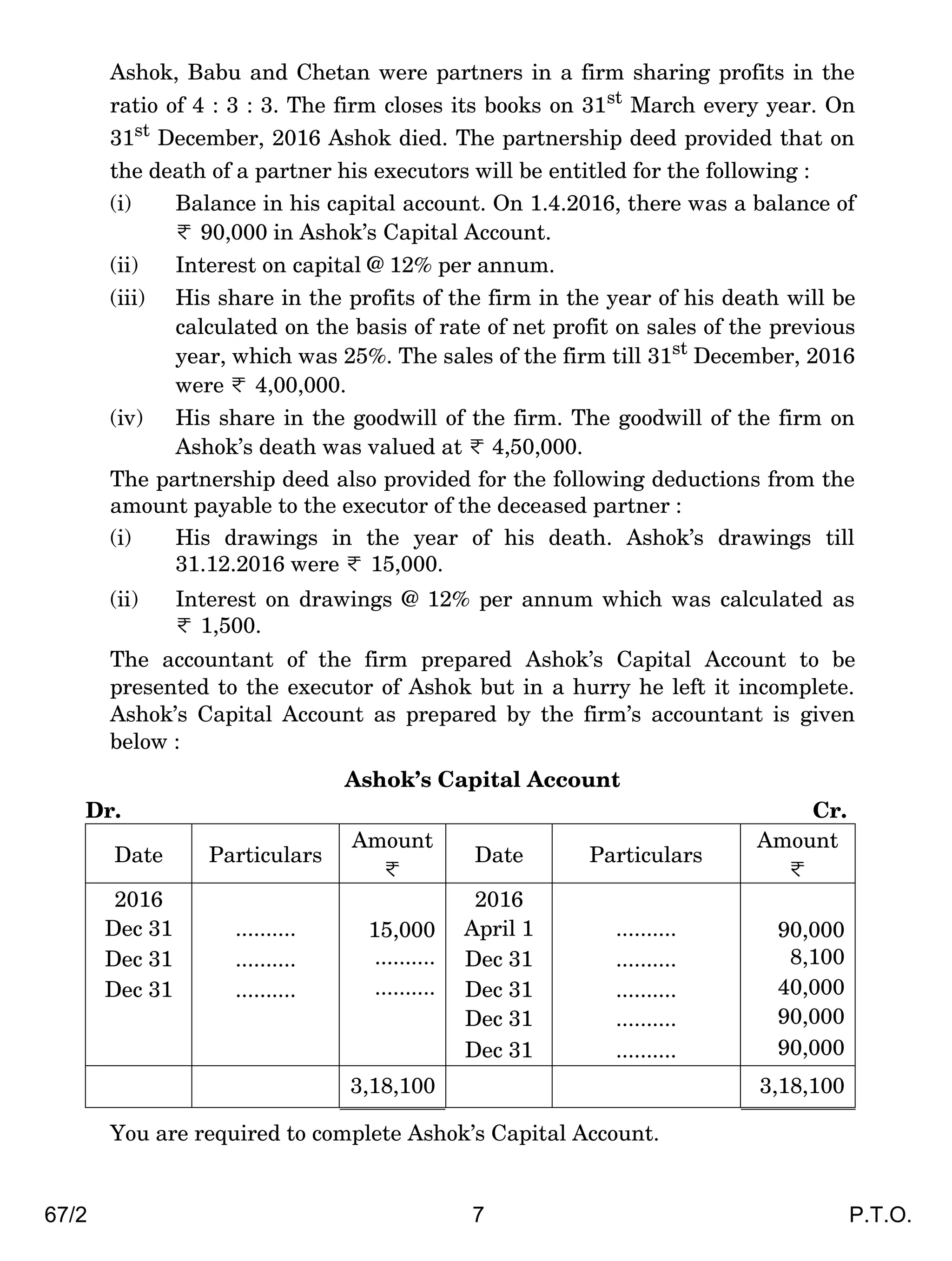 67/2 7 P.T.O.
Ashok, Babu and Chetan were partners in a firm sharing profits in the
ratio of 4 : 3 : 3. The firm closes its books on 31st
March every year. On
31st
December, 2016 Ashok died. The partnership deed provided that on
the death of a partner his executors will be entitled for the following :
(i) Balance in his capital account. On 1.4.2016, there was a balance of
< 90,000 in Ashok’s Capital Account.
(ii) Interest on capital @ 12% per annum.
(iii) His share in the profits of the firm in the year of his death will be
calculated on the basis of rate of net profit on sales of the previous
year, which was 25%. The sales of the firm till 31st
December, 2016
were < 4,00,000.
(iv) His share in the goodwill of the firm. The goodwill of the firm on
Ashok’s death was valued at < 4,50,000.
The partnership deed also provided for the following deductions from the
amount payable to the executor of the deceased partner :
(i) His drawings in the year of his death. Ashok’s drawings till
31.12.2016 were < 15,000.
(ii) Interest on drawings @ 12% per annum which was calculated as
< 1,500.
The accountant of the firm prepared Ashok’s Capital Account to be
presented to the executor of Ashok but in a hurry he left it incomplete.
Ashok’s Capital Account as prepared by the firm’s accountant is given
below :
Ashok’s Capital Account
Dr. Cr.
Date Particulars
Amount
<
Date Particulars
Amount
<
2016
Dec 31 .......... 15,000
2016
April 1 .......... 90,000
Dec 31 .......... .......... Dec 31 .......... 8,100
Dec 31 .......... .......... Dec 31 .......... 40,000
Dec 31 .......... 90,000
Dec 31 .......... 90,000
3,18,100 3,18,100
You are required to complete Ashok’s Capital Account.
 