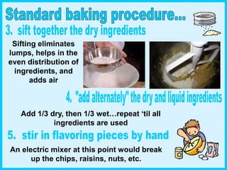 Sifting eliminates
lumps, helps in the
even distribution of
ingredients, and
adds air
Add 1/3 dry, then 1/3 wet…repeat ‘til all
ingredients are used
An electric mixer at this point would break
up the chips, raisins, nuts, etc.
 