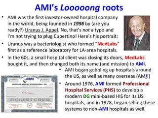 AMI’s Looooong roots
• AMI was the first investor-owned hospital company
in the world, being founded in 1956 by (are you
ready?) Uranus J. Appel. No, that’s not a typo and
I’m not trying to plug Cupertino! Here’s his portrait:
• Uranus was a bacteriologist who formed “MedLabs”
first as a reference laboratory for LA-area hospitals.
• In the 60s, a small hospital client was closing its doors, MedLabs
bought it, and then changed both its name (and mission) to AMI.
• AMI began gobbling up hospitals around
the US, as well as many overseas (AMI!)
• Around 1976, AMI formed Professional
Hospital Services (PHS) to develop a
modern DG mini-based HIS for its US
hospitals, and in 1978, began selling these
systems to non-AMI hospitals as well.
 