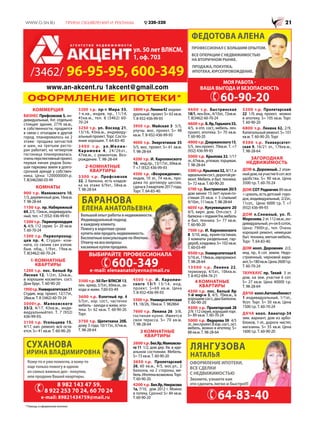 ОФОРМЛЕНИЕ ИПОТЕКИ*
* Помощь в оформлении ипотеки
/3462/ 96-95-95, 600-349
ул. 50 лет ВЛКСМ,
1, оф. 703
ЛЯНГУЗОВА
НАТАЛЬЯ
ОФОРМЛЕНИЕ ИПОТЕКИ,
ВСЕ СДЕЛКИ
С НЕДВИЖИМОСТЬЮ
Звоните, узнаете как
это сделать легко и быстро!!!!!
64-83-40
ФЕДОТОВА АЛЕНА
e-mail: 609020@bk.ru
МОЯ РАБОТА -
ВАША ВЫГОДА И БЕЗОПАСНОСТЬ
60-90-20
ПРОФЕССИОНАЛ С БОЛЬШИМ ОПЫТОМ.
ВСЕ ОПЕРАЦИИ С НЕДВИЖИМОСТЬЮ
НА ВТОРИЧНОМ РЫНКЕ.
ПРОДАЖА, ПОКУПКА,
ИПОТЕКА, ЮРСОПРОВОЖДЕНИЕ.
КОММЕРЦИЯ
БИЗНЕС Профсоюзов 5, ин-
дивидуальный, 4эт. отдельно
стоящее здание, 2776 кв.м.,
в собственности, продается
в связи с отъездом в другой
город. планировалось на 2
этаже- продажа запчастей
и шин, на третьем ресто-
ран работает, на четвертом
гостиница планировалась.
оченьперспективныйпроект.
первая линия рядом боль-
шая парковка земля в долго-
срочной аренде у собствен-
ника. Цена: 120000000т.р.
Т. 8(3462)60-03-49
КОМНАТЫ
900 т.р. Маяковского 10,
1/3, деревянный дом, 16кв.м.
Т. 98-28-64
1150 т.р. пр. Набережный
64,2/5,15кв.м.,индивидуаль-
ный, тел. +7 (932) 436-99-93
1200 т.р. Первопроходцев
4, 4/9, 112 серия. S= 20 кв.м.
Т. 60-70-24
1300 т.р. Первопроход-
цев пр. 4, Студия- ком-
ната, со своим сан узлом.
быв. общ., 1/9эт., 19кв.м.
Т. 8(3462) 60-70-24
1-КОМНАТНЫЕ
КВАРТИРЫ
1200 т.р. пос. Белый Яр
Лесная 12, 1/2эт, 32кв.м.,
в хорошем косметич. сост.
Дом брус. Т. 60-90-20
1950т.р.Университетская31
Студия, инд. проект, 12/17эт.,
28кв.м. Т. 8 (3462) 60-70-24
3000т.р. Маяковского
33/2, 4/17, 43кв.м., инди-
видуальныйтел. Т. 7 (932)
436-99-93.
3150 т.р. Усольцева 15.
4/17, кап. ремонт, всё оста-
ется. S= 41 кв.м. Т. 60-90-20
3200 т.р. пр-т Мира 55,
1-к.кв., индив. пр., 11/14,
45кв.м., тел. 8 (3462) 60-
70-24
3250 т.р. ул. Восход 21,
13/16, 43кв.м., индивиду-
альныйпроект.Торг.Состо-
яние хорошее. Т. 64-83-40
3400 т.р. ул.Мелик-
Карамова 4, 24/26эт.,
47кв.м., с ремонтом. Воз-
рождение. Т. 98-28-64
2-КОМНАТНЫЕ
КВАРТИРЫ
3300 т.р. Профсоюзов
32, 2 балкона, есть кладов-
ка на этаже 6/9эт., 58кв.м.
Т. 98-28-64
3500 т.р. 50 Лет ВЛКСМ 13,
лен. эркер, 5/5эт., 60кв.м., за-
ходи и живи. Т.60-03-49
3600 т.р. Взлетный пр. 4
5/5эт., хор. сост., частично
мебель - заходи и живи, ипо-
тека. S= 62 кв.м. Т. 60-90-20.
Торг.
3750 т.р. Щепеткина 20Б,
дому 3 года, 10/17эт., 67кв.м.
Т. 98-28-64
3800т.р.Ленина42 индиви-
дуальный проект. S= 63 кв.м.
Т. 8-932-436-99-93
3950 т.р. Майская 3 5/5,
улучш. мос. проект. S= 48
кв.м. Т. 8-932-436-99-93
4000 т.р. Энергетиков 35
5/5, мос. проект. S= 61 кв.м.
Т. 98-28-64
4200 т.р. И. Каролинского
16, инд.пр., 13/17эт., 69кв.м.
Т +7 (932) 436-99-93
4300 т.р. «Возрождение»,
индив, 10 эт., 74 кв.м., про-
дажа по договору цессии,
сдачав3квартале2017года,
Торг. Т. 64-83-40.
4500 т.р. И. Каролин-
ского 13/1 13/14, инд.
проект. S=69 кв.м. Цена
Т. 8-932-436-99-93
5300 т.р. Университетская
11, 18/26, 78кв.м. Т. 982864
7600 т.р. Ленина 26 3/8,
гостиная-кухня. Имеется
своя терасса. S= 70 кв.м.
Т. 98-28-64
3 КОМНАТНЫЕ
КВАРТИРЫ
2600т.р.Бел.Яр,Маяковско-
го 11 1/2, дом дер. Кв. в иде-
альном состоянии. Мебель.
S= 73 кв.м. Т. 60-90-20
3650 т.р. Пролетарский
26, 60 кв.м., 4/5, мос.ул., 2
балкона, на 2 стороны, ме-
бель.Ипотекавозможна.Торг.
Т. 60-90-20.
4200 т.р. Бел.Яр,Некрасова
1а, 7/10, дом 2012 г. Можно
в потеку. Срочно! S= 84 кв.м.
Т. 60-90-20
4600 т.р. Быстринская
18/1, лен.бок., 4/10эт., 72кв.м.
Т. 8(3462) 60-70-24
4600т.р.Б.Яр,Горького33,
4/5, в отл. сост., мебель. лен.
проект, ипотека. S= 70 кв.м.
Т. 60-90-20
4900т.р.Дзержинского15,
5/5, лен.проект, 70кв.м. Т. +7
(932) 436-99-93
5000 т.р. Крылова 32, 1/17
эт.,67кв.м.,угловая,торцевая.
Т. 98-28-64
5300т.р.Крылова32, 8/17,в
идеальномсост.,дорогойре-
монт. Мебель и быт. техника.
S= 72 кв.м. Т. 60-90-20
5700 т.р. Быстринская 20/3
дом менее 15 лет! кухня-го-
стиная 25 кв.м. + 3 спальни!
9/10эт.,111кв.м.Т.98-28-64
6050 т.р. Кукуевицкого 20
4/5, кирп. дом. Отл.сост. 2
балкона+лоджия9м.мебель
и быт. техника. S= 77 кв.м.
Т. 60-90-20
7500 т.р. И. Каролинского
8 5/10, инд., кухня-гостиная,
3 комнаты раздельные, гар-
дероб,кладовка.S=102кв.м.
Т. 60-03-49
9500т.р.Университетская9,
5/16эт.,118кв.м.,евроремонт.
Т. 98-28-64
13500 т.р. Ленина 22,
термомур, 4/5эт., 106кв.м.
Т. 8-952-694-76-21
4 КОМНАТНЫЕ
КВАРТИРЫ
4300 т.р. пос. Белый Яр
1-й мкр-н 3, 4/5, 70кв.м., в
хорошемсост.,двабалкона.
Т. 60-90-20
4300 т.р. Пролетарский 28
2/9,112серия,хорошийторг.
S= 89 кв.м. Т. 60-70-24
5000 т.р. Федорова 59 4/5
эт.,лен.проект.Вхор.сост.,ост.
мебель, можно в ипотеку. S=
88 кв.м. Т. 98-28-64
5200 т.р. Пролетарский
22 1/9, инд. проект, можно
в ипотеку. S= 105 кв.м. Торг.
Т. 60-90-20
6800 т.р. Ленина 62, 2/9,
Капитальныйремонт.S=101
кв.м. Т. 60-90-20. Торг
9300 т.р. Университет-
ская 9, 16/21 эт., 176кв.м.,
Т. 98-28-64
ЗАГОРОДНАЯ
НЕДВИЖИМОСТЬ
ДОМ п. Дорожный. 2 этаж-
ныйдом,научастке6сот.все
удобства. S= 90 кв.м. Цена
3500 т.р. Т. 60-70-24
ДОМ СОТ Родничек 89 кв.м
+цоколь,естьдетский горо-
док,индивидуальный, 2/2эт.,
11сот., Цена: 6000 т.р. Т. +7
(932) 436-99-93
ДОМ п.Снежный, ул. П.
Морозова,2эт.112кв.м.,ин-
дивидуальный,уч-ок6соток,
Цена: 7900т.р., тел. Очень
хороший ремонт, немецкая
быт. техника, мягкая мебель,
Торг. Т. 64-83-40.
ДОМ кооп. Дорожник 2/2,
инд. пр., 6 сот. земли. Недо-
строенный, черновой вари-
ант,S=180кв.м.Цена2600т.р.
Т. 60-70-24
ТАУНХАУС пр. Тихий 3 эт.
дом, на зем. участке 6 сот.
S= 27 кв.м. Цена 40000 т.р.
Т. 98-28-64
ДАЧА кооп.Автомобилист
1 индивидуальный, 1/1эт.,
9сот. Торг. S= 50 кв.м. Цена
1500 т.р. Т. 60-70-24
ДАЧА кооп. Авиатор-34
зим. вариант, дом из арбо-
блоков, 1-эт., дороги чистят,
магазины. S= 55 кв.м. Цена
1600 т.р. Т. 60-90-20
ЕНААА
ПЫТОМММ.
ТЬЮ
.
БАРАНОВА
ЕЛЕНА АНАТОЛЬЕВНА
Большойопытработывнедвижимости.
Индивидуальныйподход
ккаждомуклиенту.
Помогувкороткиесроки
купитьилипродатьнедвижимость.
БесплатныеконсультациипоИпотеке.
Отвечунавсевопросы
касаемыекуплипродажи.
e-mail: elenaanatolyevna@mail.ru
ВЫБИРАЙТЕ ПРОФЕССИОНАЛА
600-349
НА
ости.
ккееееее..
СУХАНОВА
ИРИНА ВЛАДИМИРОВНА
Кому-тояужепомогла,акому-то
ещетолькопомогу водном
из самых важных дел - покупке,
или продаже Вашей квартиры.
ВНННААА
e-mail: 89821434759@mail.ru
8 982 143 47 59,
8 922 253 70 24, 60 70 24
www.an-akcent.ru 1akcent@gmail.com
 