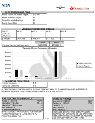 III. INFORMACIÓN DE PAGO
Monto Total Facturado a Pagar     $ -2.395
Monto Mínimo a Pagar              $0
Costo Monetario Prepago           $0
Cargo Automático                  $0


                    VENCIMIENTO PRÓXIMOS 4 MESES
SALDO          MES 1        MES 2        MES 3                    MES 4
CAPITAL
CUOTAS
$ 306.980      $ 111.793         $ 111.793       $ 111.793        $0

                                          Desde             Hasta
Próximo Periodo de Facturación          23/08/2012        25/09/2012
                      "Evolución Montos Facturados y Pagados"




    IV. COSTOS POR ATRASO
Interés Moratorio                  $0
Cargo de Cobranza                  $0
SI TIENE SU CLAVE PINPASS, USELA. SI NO LA TIENE ACTIVELA EN CUALQUIER CAJERO AUTOMATICO
O EN SANTANDER.CL. SI NO LA RECUERDA LLAME A VOX AL 600 320 3000.



CARTOLA UNICA SUPERPUNTOS                                 CANJE DE PREMIOS
Saldo al 12/07/12                       76.909            Vigentes al 07/08/12             95.357
Ganados T. Credito                      18.448            Expiran el 12/09/12              17.801
Ganados T. Redcompra                         0            CANJES EN:
Otros Ganados                                0            SANTANDER.CL
Canjeados/Expirados                          0            (600) 3203000
EN CASO DE EXTRAVIO,ROBO O HURTO DE SU                    LOS PAGOS CON RETRASO GENERARAN UN
TARJETA DE CREDITO, LLAME GRATIS AL                       RECARGO POR CONCEPTO DE LOS GASTOS DE
TELEFONO 800 20 7000                                      COBRANZA EN QUE SE INCURRA, DE ACUERDO
                                                 3 DE 3
                                                          A LO DISPUESTO EN LA LEY N° 19.496.
 