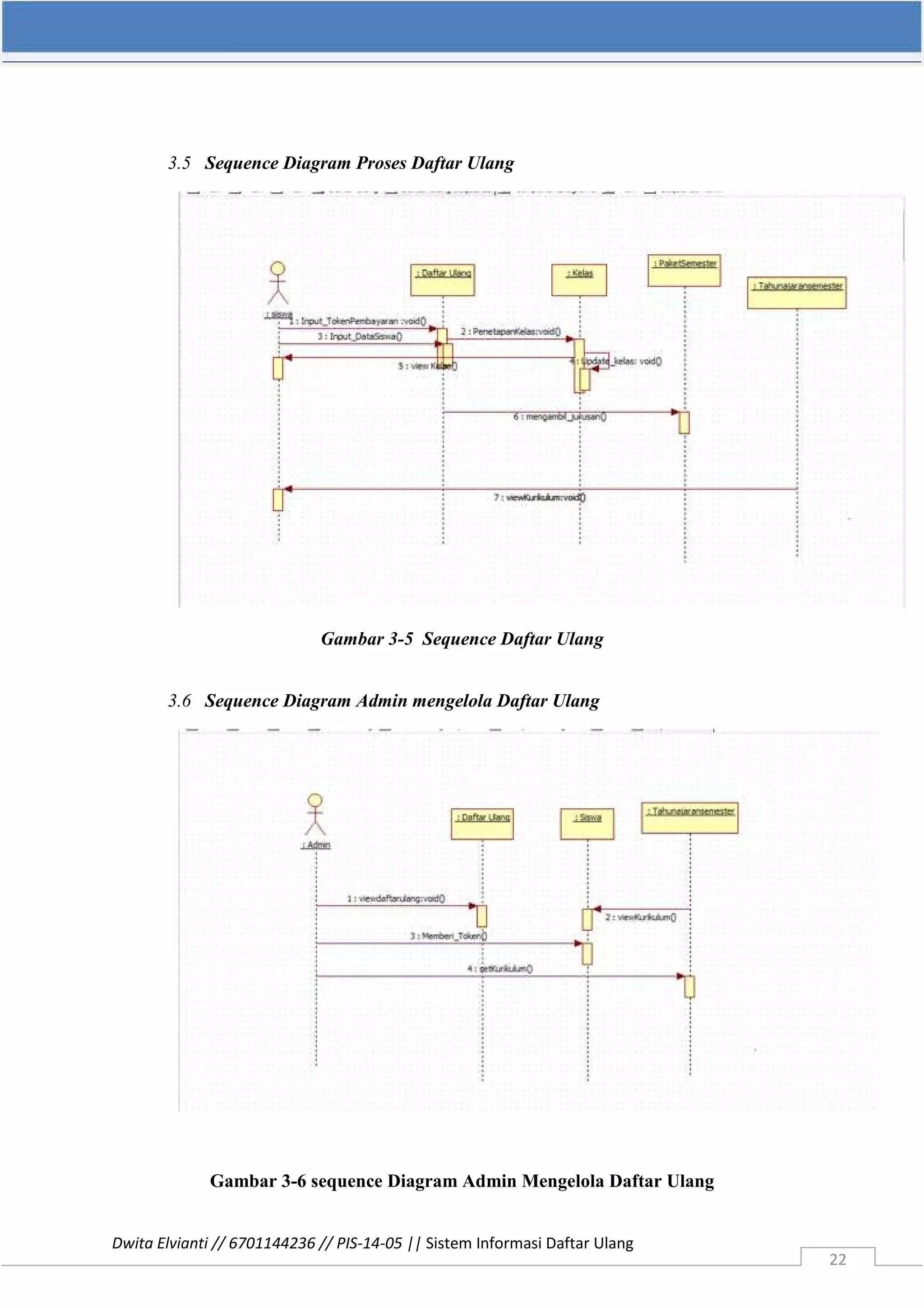 Dwita Elvianti // 6701144236 // PIS-14-05 || Sistem Informasi Daftar Ulang
22
3.5 Sequence Diagram Proses Daftar Ulang
Gambar 3-5 Sequence Daftar Ulang
3.6 Sequence Diagram Admin mengelola Daftar Ulang
Gambar 3-6 sequence Diagram Admin Mengelola Daftar Ulang
 