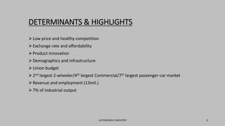 DETERMINANTS & HIGHLIGHTS
Low price and healthy competition
Exchange rate and affordability
Product innovation
Demographics and infrastructure
Union budget
2nd largest 2-wheeler/4th largest Commercial/7th largest passenger-car market
Revenue and employment (13mil.)
7% of industrial output
AUTOMOBILE INDUSTRY 3
 