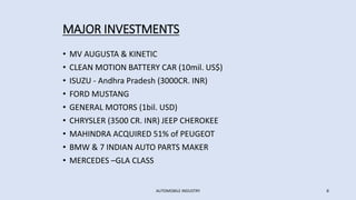 MAJOR INVESTMENTS
• MV AUGUSTA & KINETIC
• CLEAN MOTION BATTERY CAR (10mil. US$)
• ISUZU - Andhra Pradesh (3000CR. INR)
• FORD MUSTANG
• GENERAL MOTORS (1bil. USD)
• CHRYSLER (3500 CR. INR) JEEP CHEROKEE
• MAHINDRA ACQUIRED 51% of PEUGEOT
• BMW & 7 INDIAN AUTO PARTS MAKER
• MERCEDES –GLA CLASS
AUTOMOBILE INDUSTRY 8
 