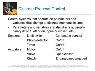 Discrete Process Control

Control systems that operate on parameters and
   variables that change at discrete moments in time
   Parameters and variables are also discrete, usually
   binary (0 or 1, off or on, open or closed, etc.)
Sensors       Limit switch          Contact/no contact
              Photo-detector        On/off
              Timer                 On/off
Actuators     Motor                 On/off
              Valve                 Open/closed
              Clutch                Engaged/not engaged
          ©2008 Pearson Education, Inc., Upper Saddle River, NJ. All rights reserved. This material is protected under all copyright laws as they currently exist.
No portion of this material may be reproduced, in any form or by any means, without permission in writing from the publisher. For the exclusive use of adopters of the book
                               Automation, Production Systems, and Computer-Integrated Manufacturing, Third Edition, by Mikell P. Groover.
 