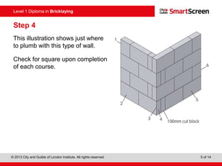 © 2013 City and Guilds of London Institute. All rights reserved. 5 of 14
Level 1 Diploma in Bricklaying
Step 4
This illustration shows just where
to plumb with this type of wall.
Check for square upon completion
of each course.
 