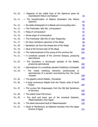 Fig. 10. — Diagrams of the visible lines of the Spectrum given by
incandescent Helium and Radium 76
Fig. 11. — The transformation of Radium Emanation into Helium
(spectra) 83
Fig. 12. — Dry-plate photograph of a Nebula and surrounding stars 90
Fig. 13. — The Freshwater Jelly fish, Limnocodium 97
Fig. 14. — Polyp of Limnocodium 97
Fig. 15. — Sense-organ of Limnocodium 97
Fig. 16. — The Freshwater Jelly-fish of Lake Tanganyika 98
Fig. 17. — Sir Harry Johnston’s specimen of the Okapi 99
Fig. 18. — Bandoliers cut from the striped skin of the Okapi 99
Fig. 19. — Skull of the horned male of the Okapi 100
Fig. 20. — The metamorphosis of the young of the common Eel 101
Fig. 21. — A unicellular parasite of the common Octopus, producing
spermatozoa 102
Fig. 22. — The Coccidium, a microscopic parasite of the Rabbit,
producing spermatozoa 102
Fig. 23. — Spermatozoa of a unicellular parasite inhabiting a Centipede 103
Fig. 24. — The motile fertilizing elements (antherozoids or
spermatozoa) of a peculiar cone-bearing tree, the Cycas
revoluta 104
Fig. 25. — The gigantic extinct Reptile, Triceratops 106
Fig. 26. — A large carnivorous Reptile from the Triassic rocks of North
Russia 107
Fig. 27. — The curious fish Drepanaspis, from the Old Red Sandstone
of Germany 107
Fig. 28. — The oldest Fossil Fish known 108
Fig. 29. — The skull and lower jaw of the ancestral Elephant,
Palæomastodon, from Egypt 109
Fig. 30. — The latest discovered skull of Palæomastodon 110
Fig. 31. — Skulls of Meritherium, an Elephant ancestor, from the Upper
Eocene of Egypt 111
 